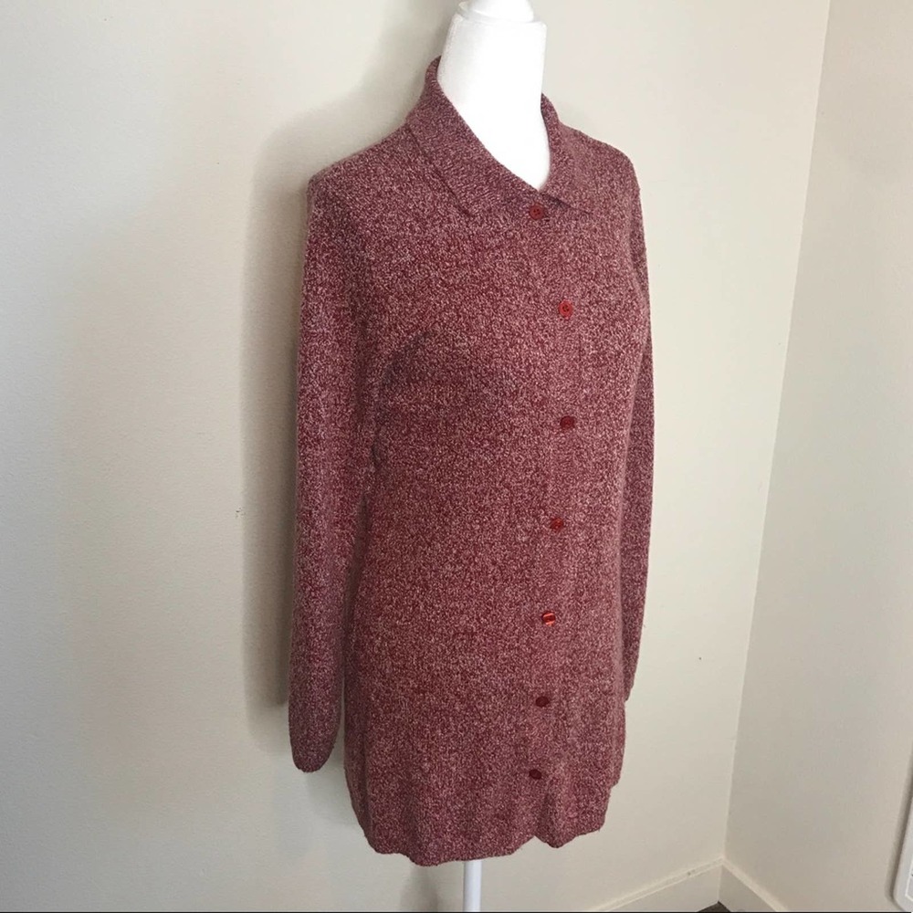 STEPHANIE PARKS Long V-Neck Wine Red Heather Cardigan Sweater, size M